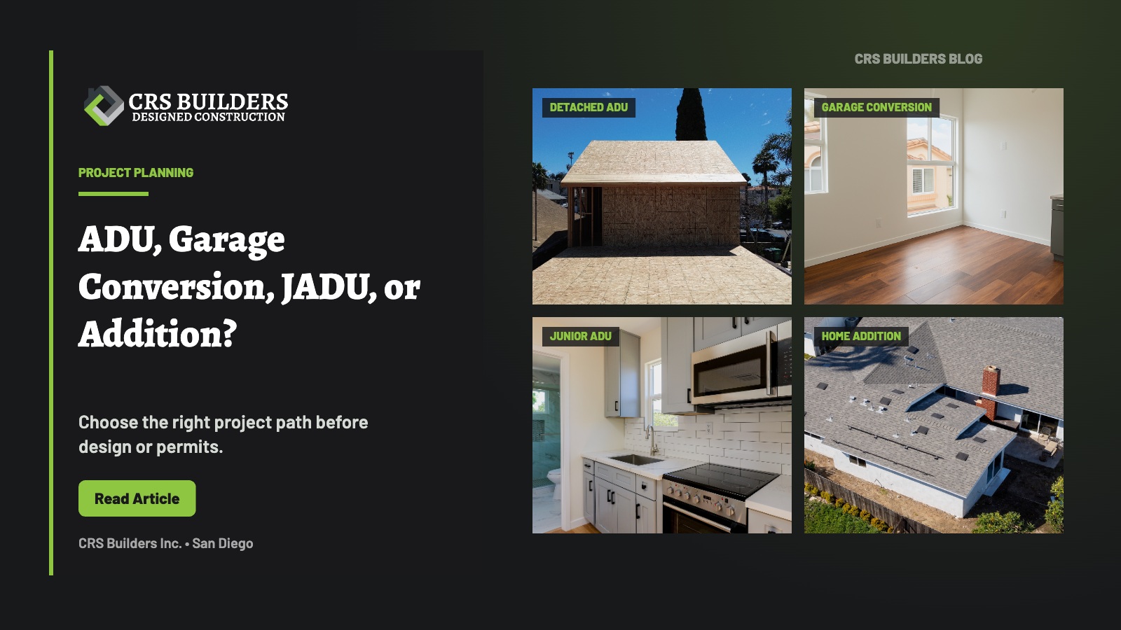 Four residential construction options for a San Diego property: ADU, garage conversion, JADU, and home addition.