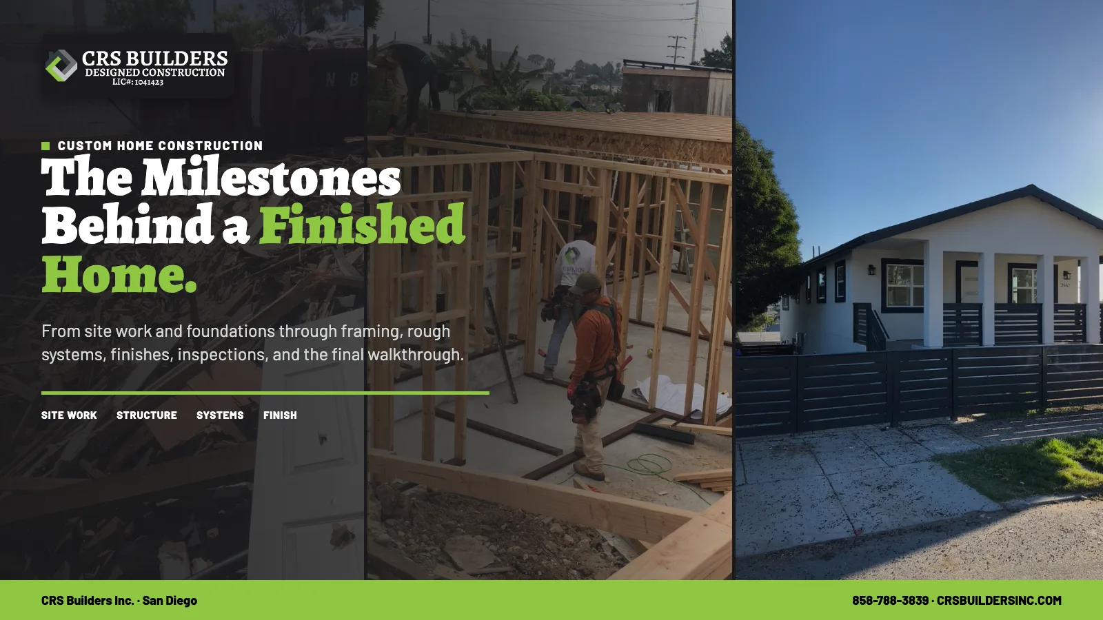 CRS Builders custom-home construction milestones graphic using real San Diego demolition, framing, and completed-home photography.